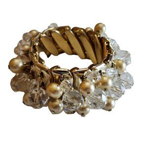 Vintage Japan Wide Crystal & Pearl Expansion Cha Cha Bracelet (A1962)